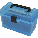 MTM 210-H50RMAG24 Deluxe Ammo Box 50 Round Handle 7mm Rem Mag to 300 Win Mag, Clear Blue