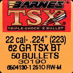 34755 Barnes Bullets 30190 TSX  22 Caliber .224 62 GR TSX Boat- Tail 50 Per Box