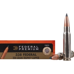 FEDERAL 80986 Federal P338FTC2 Premium  338 Federal 200 gr Trophy Copper (TC) 20 Bx/ 10 Cs