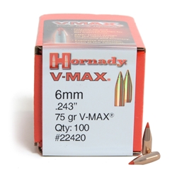 Hornady 200-22420 HORNADY BULLETS 6MM .243 75GR V-MAX 100CT 40BX/CS