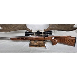 USAVMK2LH22LR Pre-Owned Savage Mk 2 LH BTVLSS 22LR, with laminate thumb hole stock, SS heavy barrel, Nikon Pro Staff EFR Target scope 3-9x40. Condition - Excellent