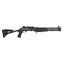 Federation Firearms SA-4 Competition, 12ga 3" semi-automatic shotgun, dual-piston gas system, adjustable synthetic stock, aluminum M-LOK handguard, 18.7" ported barrel, angled foregrip, shell holder, picatinny barrel band, ghost ring sights, 5 extended chokes, distressed bronze finish. Made in Turkey, non-restricted in Canada